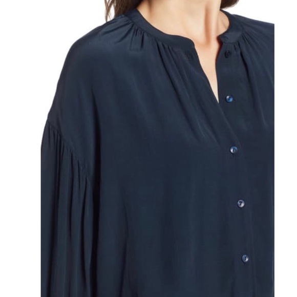 Something Navy Draped Pleated Long Sleeve Navy Blue Buttondown Blouse Top Small - Picture 3 of 12
